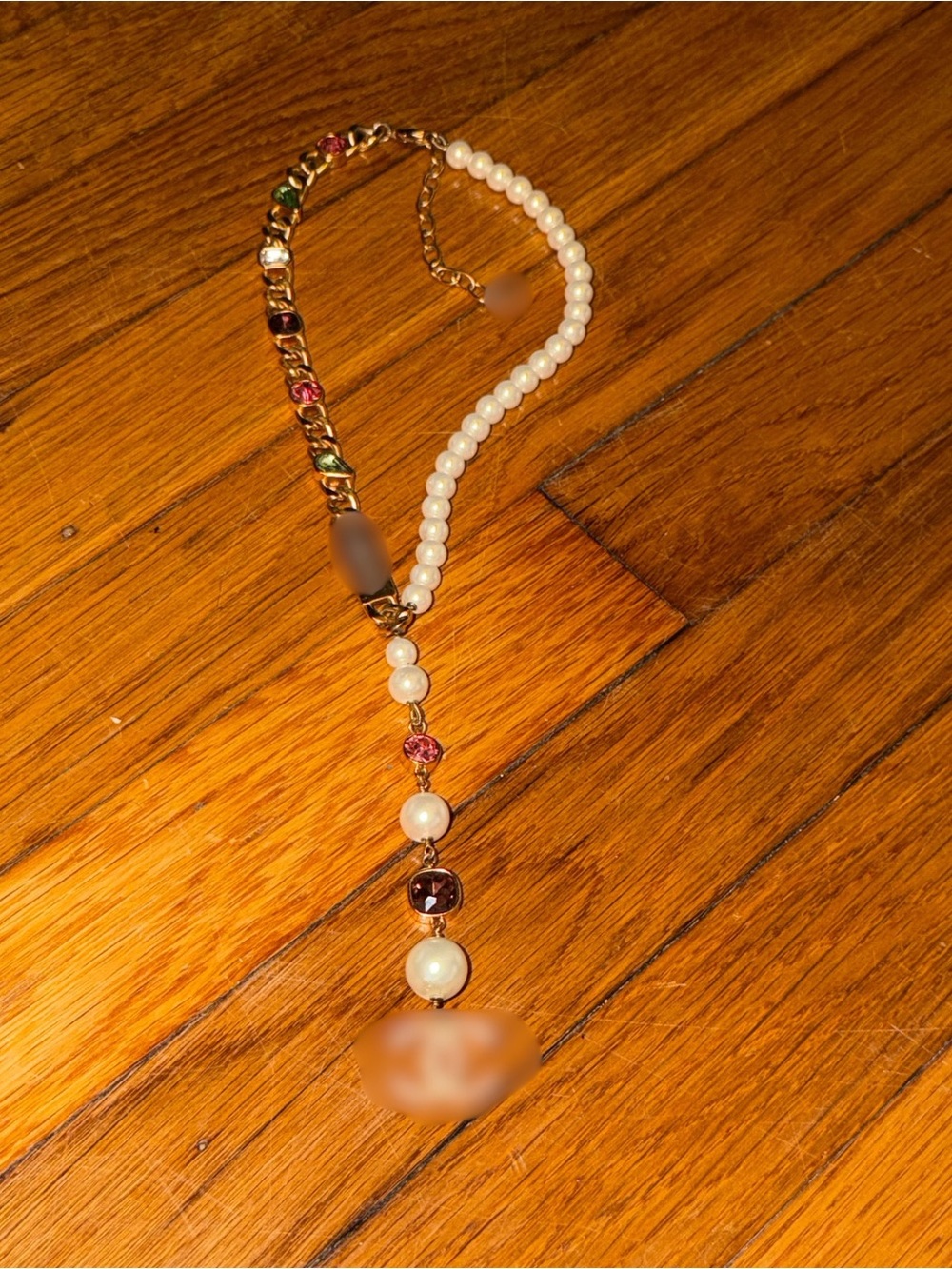 Gold Tone Pearl and Multicolor Crystal Y-Necklace